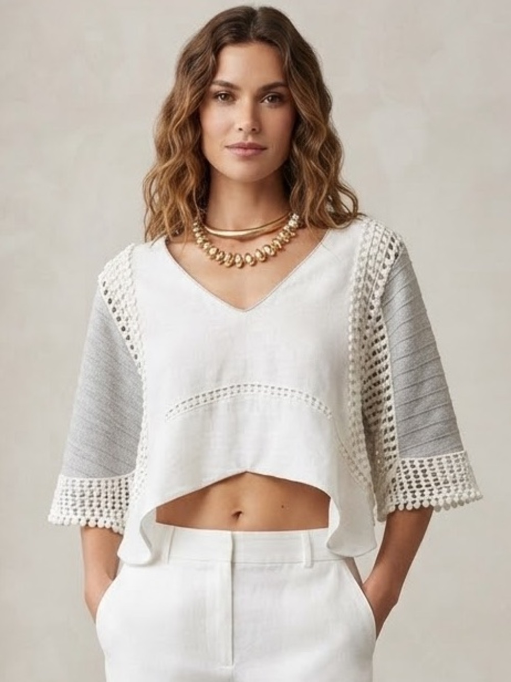 COTTON & SILVER LUREX KNIT TOP WITH LACE DETAIL Sz Small NWT